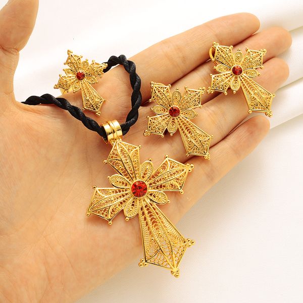 

bracelet necklace ethiopian stone color cross jewelry set gold color necklace earrings ring habesha africa women wedding jewelry gifts 23020, Silver