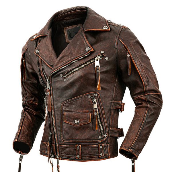 

men's leather faux leather motorcycle cowhide genuine leather jacket men slim stone milled retro jacket calfskin leather coat men moto, Black