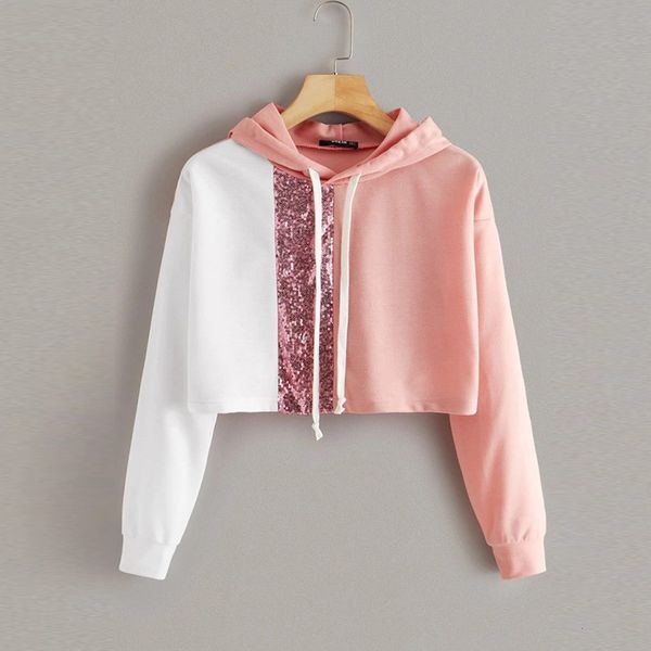 

women s hoodies sweatshirts sequined patchwork splicing color cropped long sleeve short hooded sweatshirt polerones mujer 230208, Black
