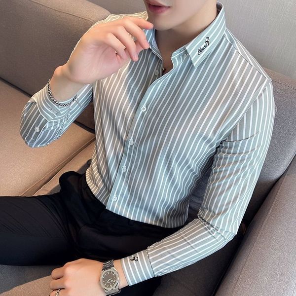 

men's casual shirts striped men's shirt long sleeve slim korean version of spring embroidery business casual senior sense inner ma, White;black
