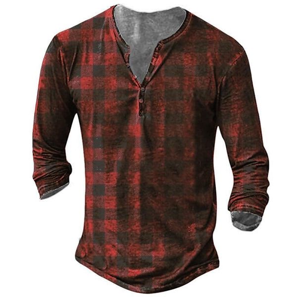 

men's tshirts vintage henry shirt plaid printed tshirt vneck button long sleeved clothing spring autumn oversized casual 230209, White;black