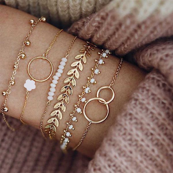 

jewlery designer for women bracelet tocona bohemian tassel women's jewelry geometric leaf bead layered charm set 9143, Golden;silver