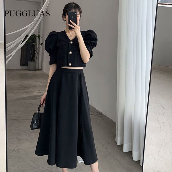 

two piece dress summer elegant black sets retro womens outifits puff sleeve crop line skirts korean fashion hepburn suit 230209, White