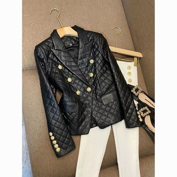 

women's suits blazers autumn femme pu plaid button blazer outwear women female coat 230208, White;black