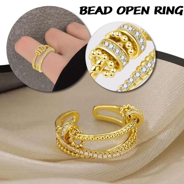 

vintage bead fidget spinner rings for women zircon crystal rotate y anti stress anxiety ring jewelry gift bague, Golden;silver