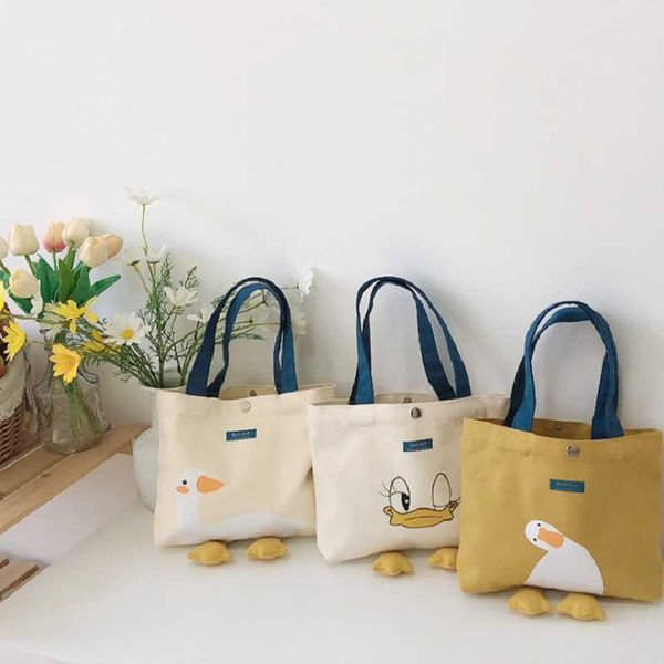 

cute cartoon women's canvas handbags yellow duck lunch bag casual simple mini tote bags female fashion canvas bag