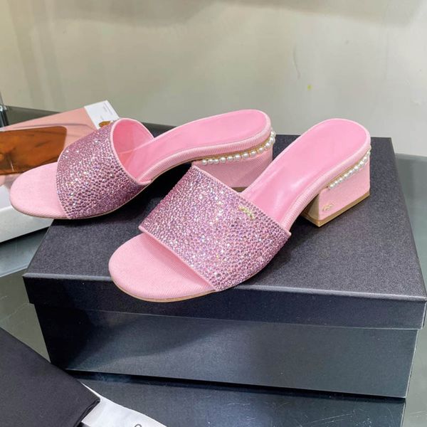 

womens sandals classic slippers elegant sandals chunky heel height 5cm round toes with faux pearls designer france luxurys mules sliders sli, Black