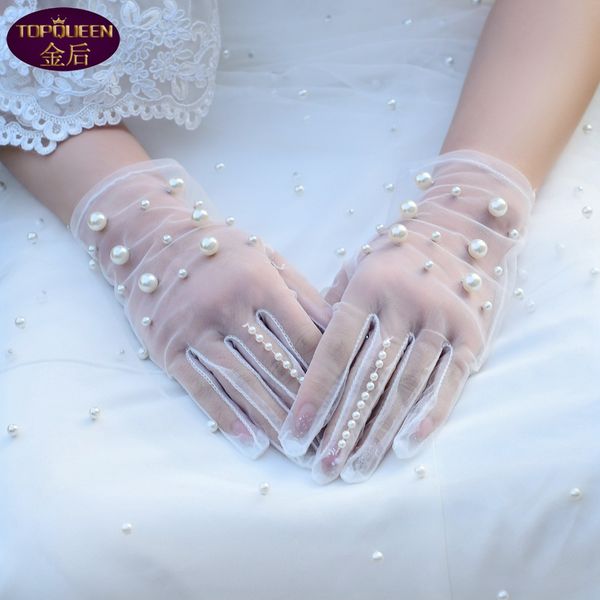 

bridal gloves 23cm length mesh hand sleeve tulle pearls bridal wedding party dress finger gloves evening wedding accessories vm05, White