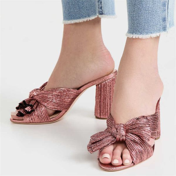 

sandals 2022 fashion summer mules chunky high heels open toe plus size slegant sweet women butterfly knot party shoes outside slippers t2302, Black