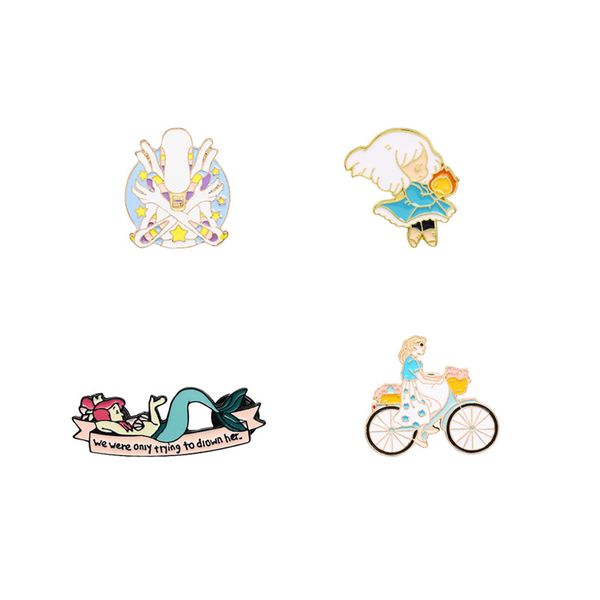 

ins cartoon little girl brooches set 4pcs gold plated mermaid enamel badges bike lapel pin fashion kawaii accessories, Gray