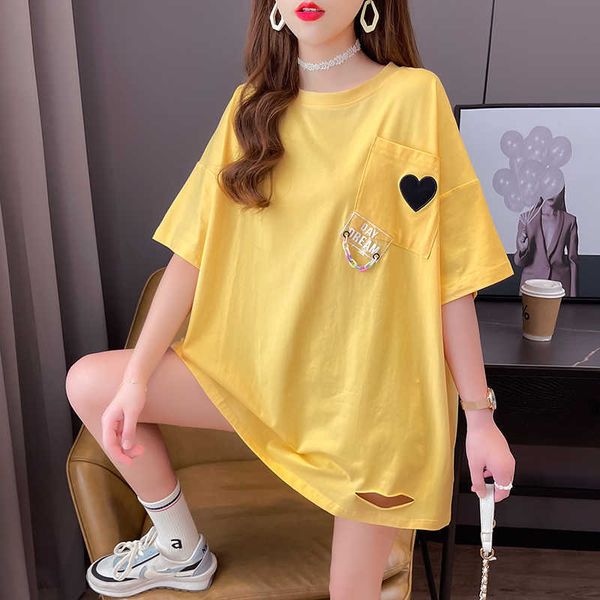 

women's t-shirt summer plus size cotton woman tshirts korean long version loose hole design short sleeve t-shirt women ladies 2022 y23, White