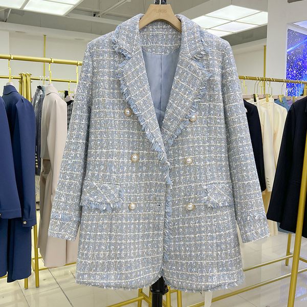 

women's suits blazers tweed blue women blazer jacket 2023 office lady plaid double breasted button up coat casual girls streetwear 2302, White;black