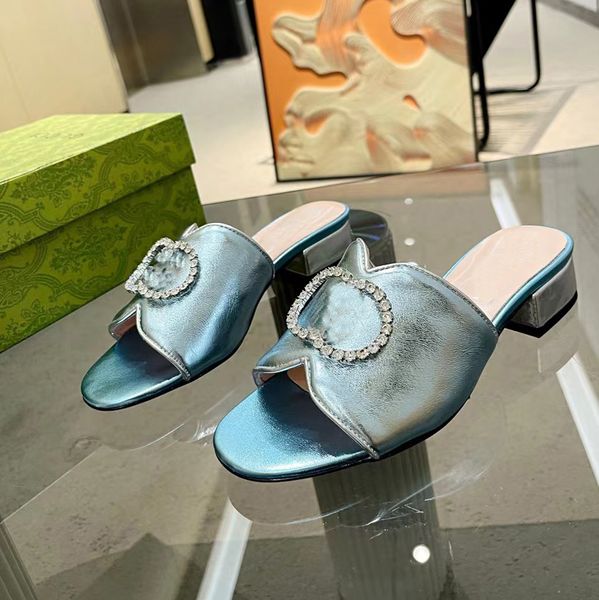 

slippers leather women's shoes 2cm low heel rhinestone decorative barefoot open-toe sandals designer factory summer classic beach shoe, Black