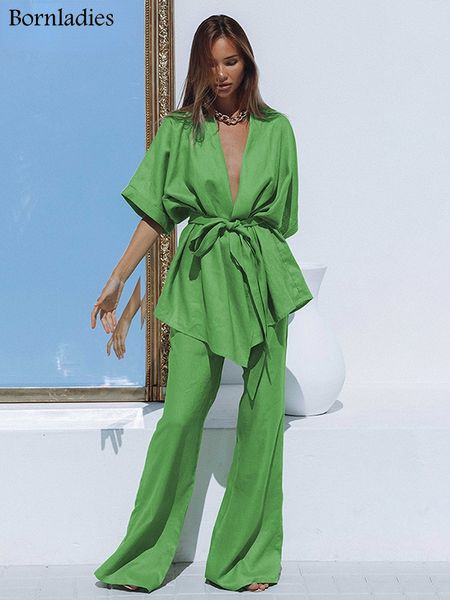 

women's two piece pants bornladies green cotton vacation trousers suits casual 2 pieces half sleeves wrap shirts and wide leg summer ou, White