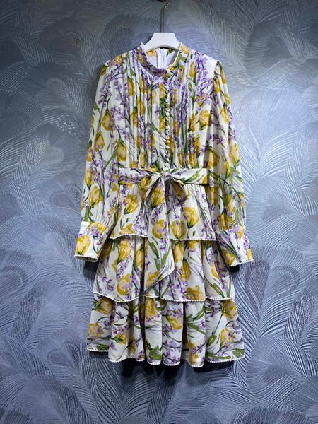 

spring new dress elegant standing neck print long sleeve, Black;gray