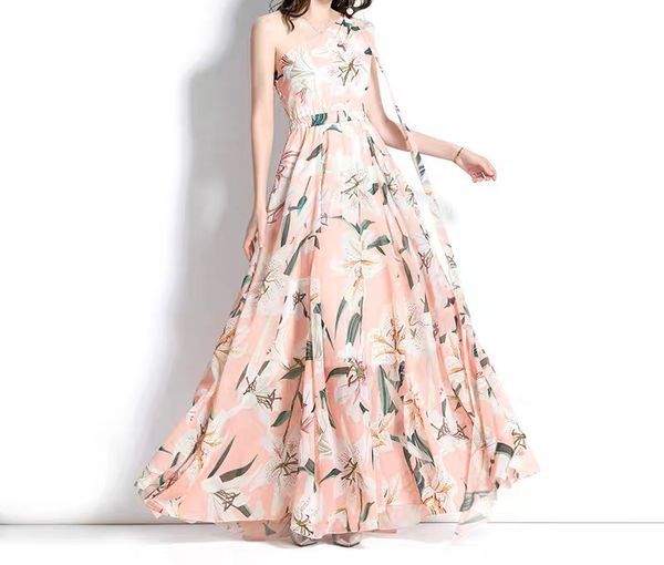 

2023 fancy dress womens floral printed gathered waist one-shoulder sleeveless long dress, Black;gray