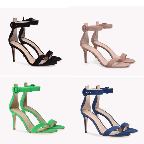 

fashion brand bijoux sandals design calfskin suede narrow ankle buckle elegant summer women comfortable high-heeled portofino sandals, Black