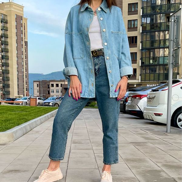 

women s blouses shirts denim jacket oversize coat with pocket long sleeve button fashion outwear woman trf ins 230208, White