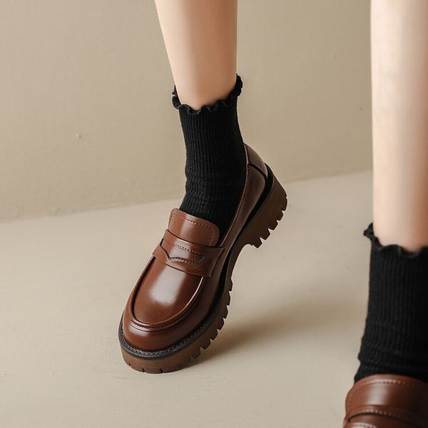 

thich heel driving loafers women brown black office shoes leather platform flats womens boats shoe