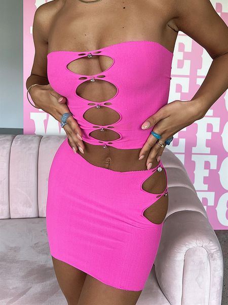 

two piece dress hirigin womens outfit suit sleeveless hollow out halter backless crop and high waist side cutout mini skirt set 230209, White