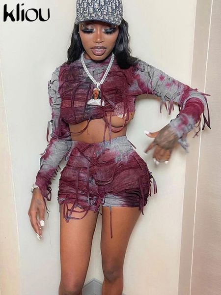 

womens tracksuits kliou tie dry mummy style two piece set women skinny bandage oneck fullsleeve shorts party clubwear female outfits 230209, Gray