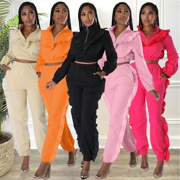 

women's two piece pants ladies autumn and winter trousers casual set street fin patchwork long sleeve zipper turtleneck jacket match po, White