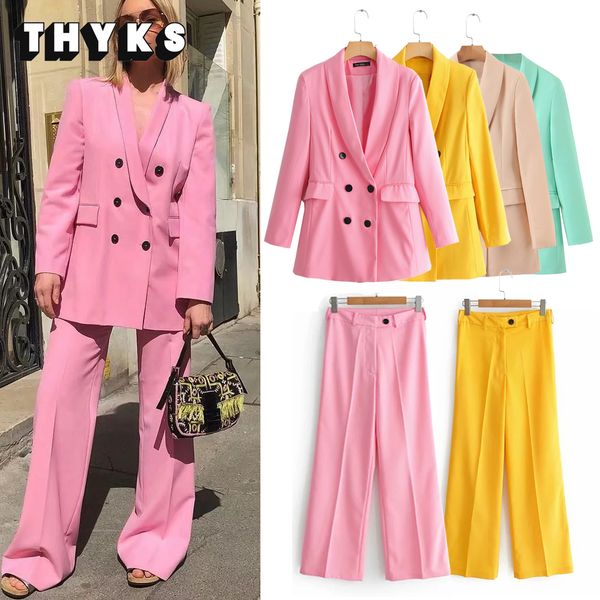 

womens two piece pants pink suit women setup office lady blazer jacket coat and 2 set female spring autumn za elegant casual outfits 230209, White