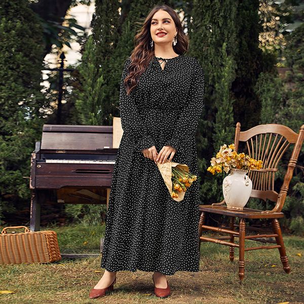 

plus size dresses 3xl 4xl plus size women clothing elegant long sleeves polka point female maxi dress casual travel vacation chiffon dress 2, Black