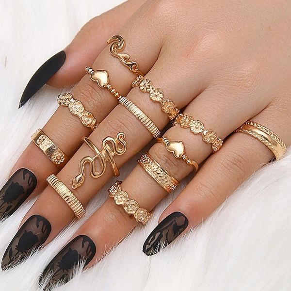 

13pcs/set snake heart rings for women fashion jewelry finger ring set gothic punk silver plated flowers wave ring party jewelry, Golden;silver