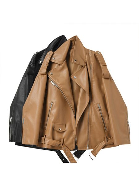 

womens leather faux ftlzz spring autumn jackets women loose casual coat female dropshoulder motorcycles locomotive outwear with belt 230209, Black