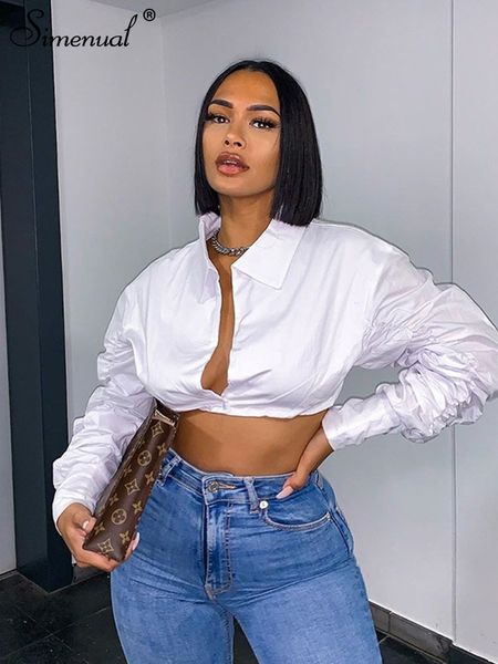 

women s blouses shirts simenual button ruched white puff sleeve blouse women long sleeved fashion fall clothing crop solid baddie 230208