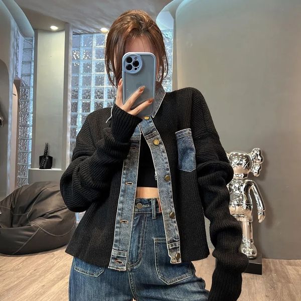

women s knits tee vintage denim patchwork sweater cardigan korea fashion harajuku short knitted jacket single breasted long sleeve knitwear, White