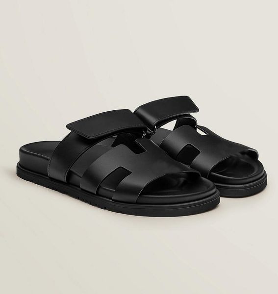 

chypre sandals shoes men calfskin leather slip on beach slippers comfort slide flats man adjustable strap casual walking eu38-46 original bo, Black