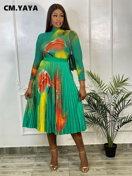 

two piece dress cmyaya pleated printed skirt set for women elegant long sleeve tshirt womans clothes 230209, White