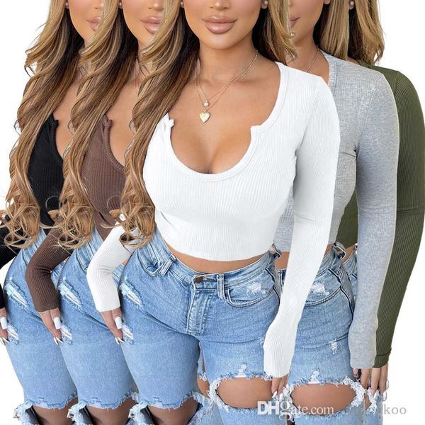 

2023 designer womens t-shirt fashion comfortable solid color pit strip u neck long sleeve bodycon women clothing crop top, White
