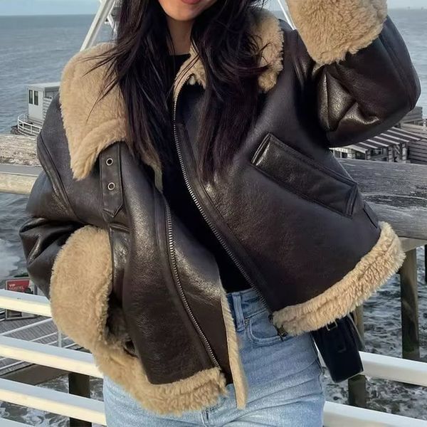 

women's leather faux leather women's pu jacket coat winter thick warm coat faux leather vintage jacket cropper ladies streetwear o, Black