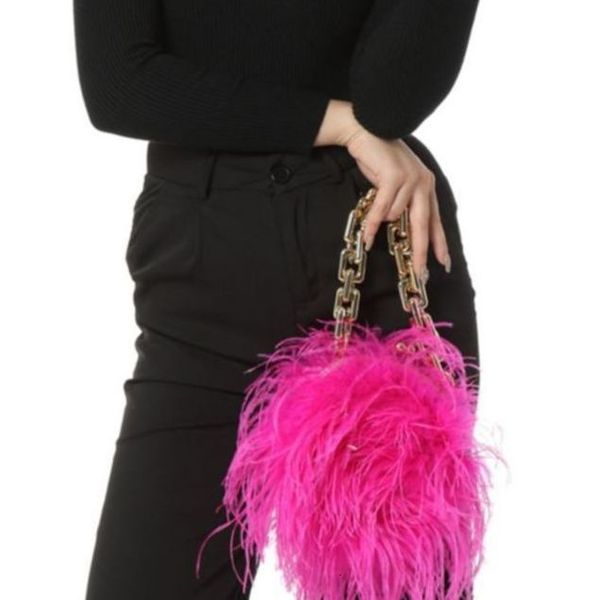 

waist bags real natural ostrich feather mini handbag with gold big chain fashion chic furry romantic party concern dinner wedding 230209