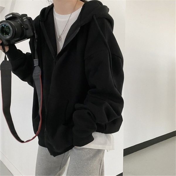 

women's hoodies sweatshirts women casual oversized sweatshirt female streetwear draw string solid color jackets hooded pocket loose zip, Black