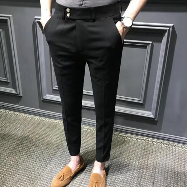 

mens pants ninth business young style solid color ankle length soft fabric slim fit zip up straight trousers daily clothe 230209, Black