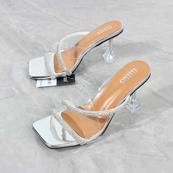 

sandals women's high heel sandals 2023 summer new rhinestone belt transparent horseshoe heel slippers fashion party women sandals 7.5cm