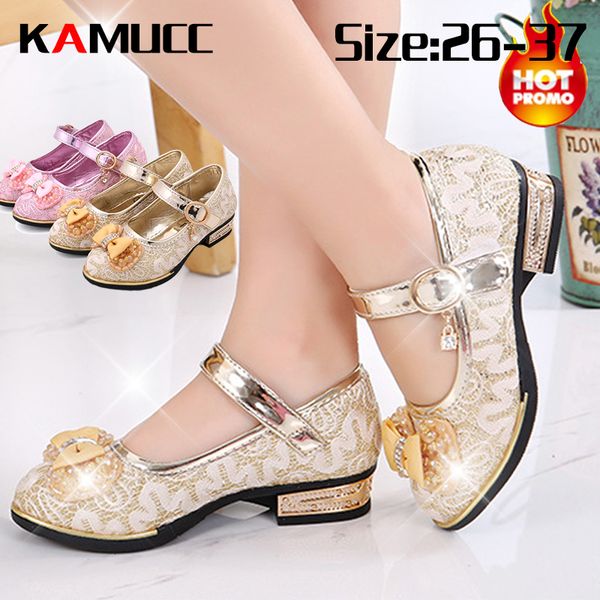 

sneakers kids wedding dress shoes children princess bowtie leather for girls casual high heels 230209, Black;red