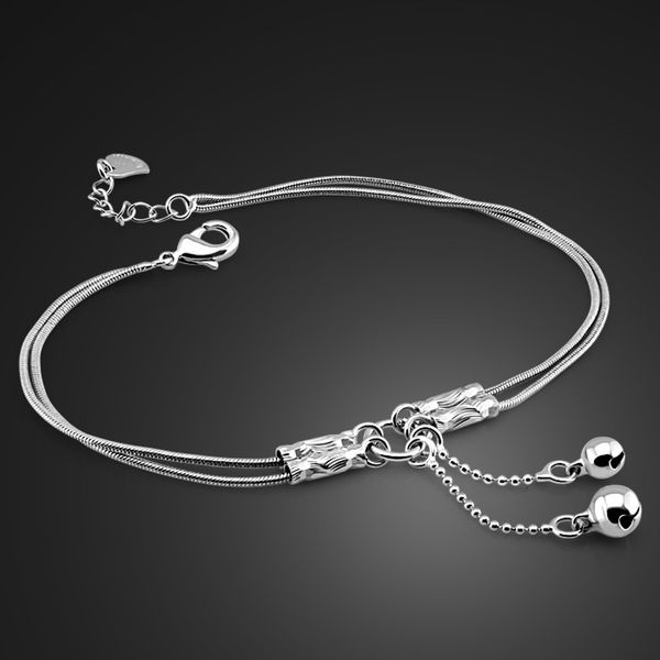 

anklets fashion cute girl bell anklet solid 925 sterling silver snake chain ankletscontracted double chain 27cm anklets jewelry 230209, Red;blue