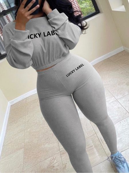 

women's two piece pants lw fall outfit sportswear o neck letter print long sleeve o neck solid set streetwear female tracksuit 230209, White