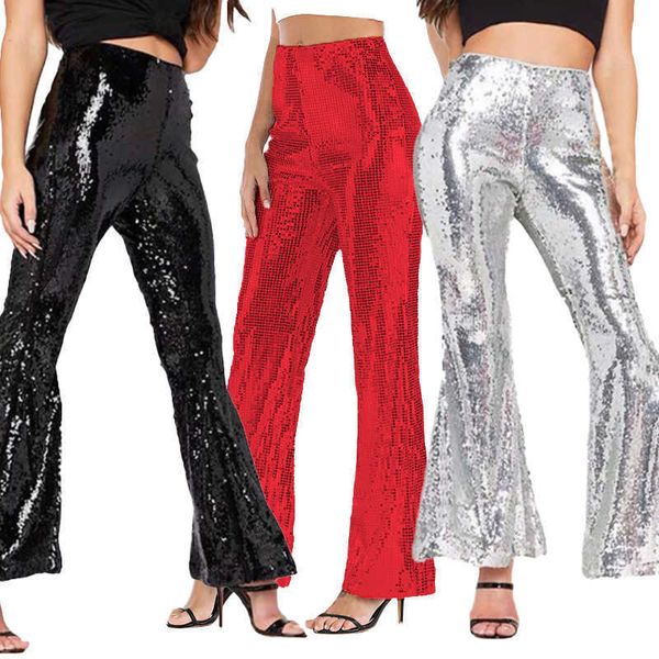 

women's pants capris x8077 women's nightclub perspective sequin loose flare trousers with lining t230210, Black;white