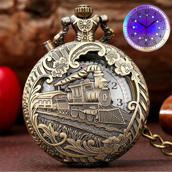 

pocket watches luminous led light arabic numerals display bronze train locomotive engine quartz pocket watch retro punk pocket chain clock 2, Slivery;golden