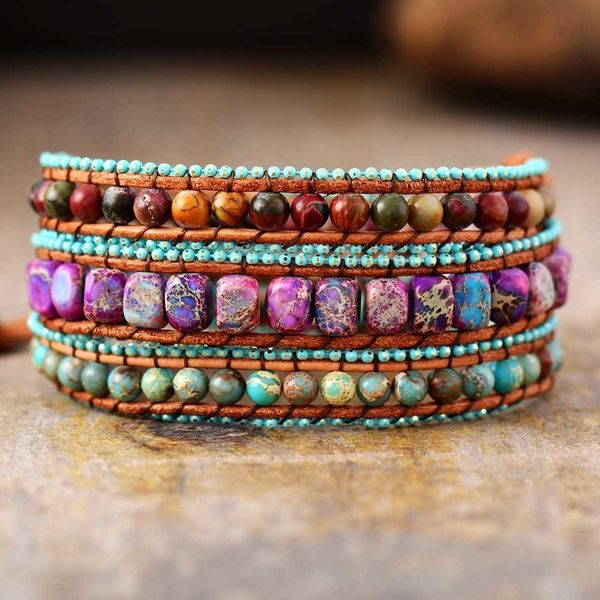 

charm bracelets bohemian vintage leather wrap bracelets w/ mix jaspers stone 3 strands bracelet bohemian women jewelry bijoux dropship 23020, Golden;silver