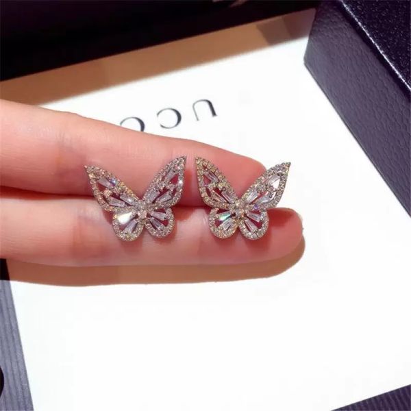 

earrings women fashion jewelry 925 sterling silver princess cut sweet cute white z cz diamond ins popular wedding butterfly earring gift, Golden;silver