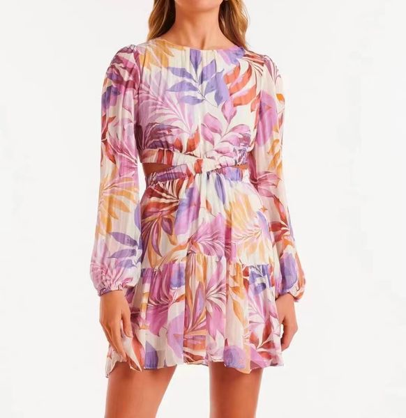 

2023 fancy dress womens floral printed gathered waist crew neck lantern sleeve mini fit&flare dress, Black;gray