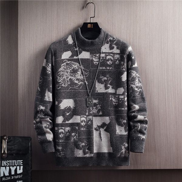 

men's sweaters men winter anime warm long sleeve pullovers man clothes male slim streetwear cartoon pattern mock neck 230210, White;black