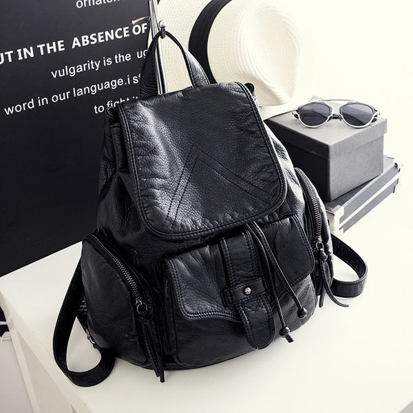 

school bags fashion women backpacks soft washed pu leather travel bag female drawstring backpack high capacity for 230210